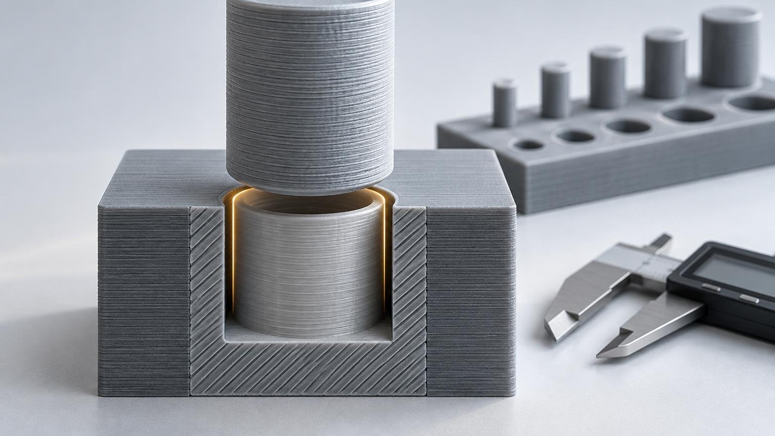 Technical 3D-rendered illustration of a layered cylindrical peg hovering above a hollow socket in a cutaway printed block, with a glowing highlighted clearance, a peg-and-hole calibration block behind it, and digital calipers at right.