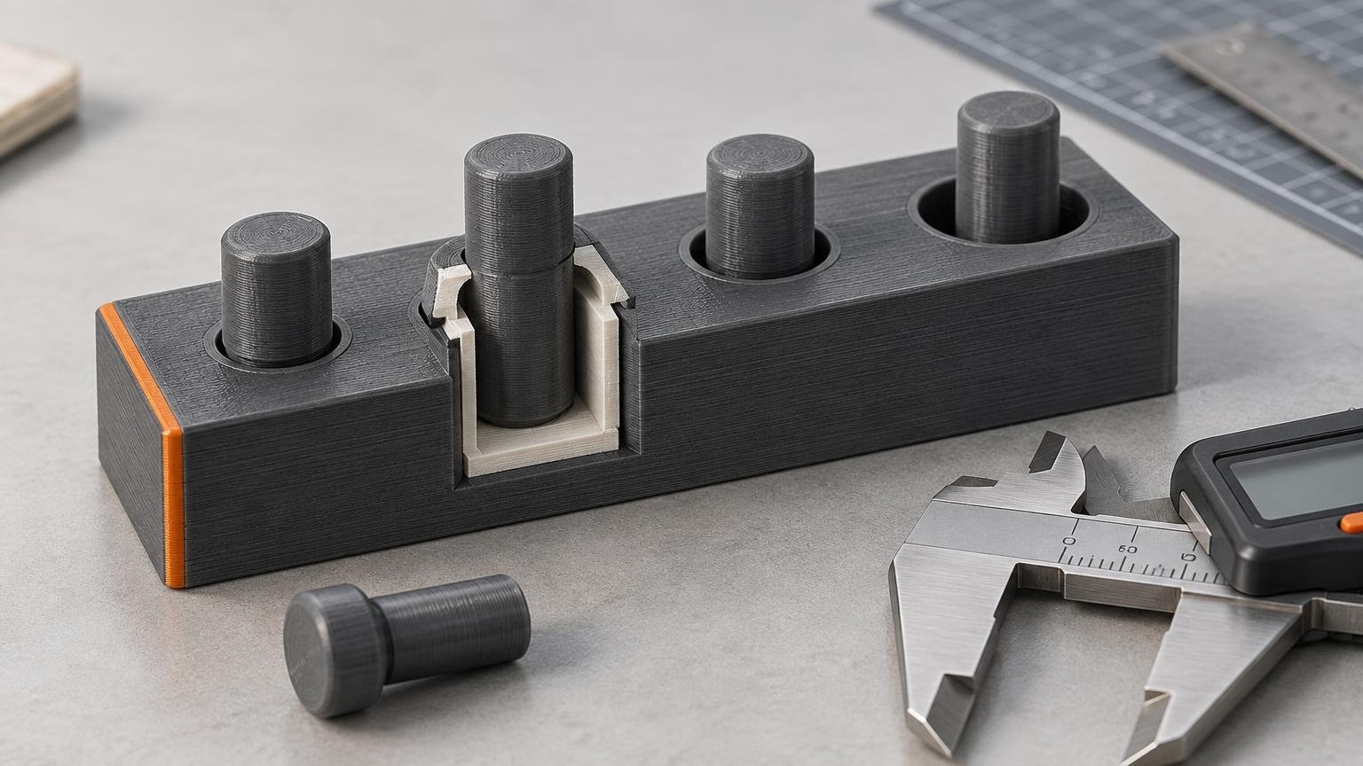 Technical workshop-style illustration of a dark 3D-printed calibration block with several upright cylindrical test pins in circular holes, a cutaway central slot showing pale spacer-like pieces, a loose pin in front, and a partially cropped digital caliper on a gray work surface.
