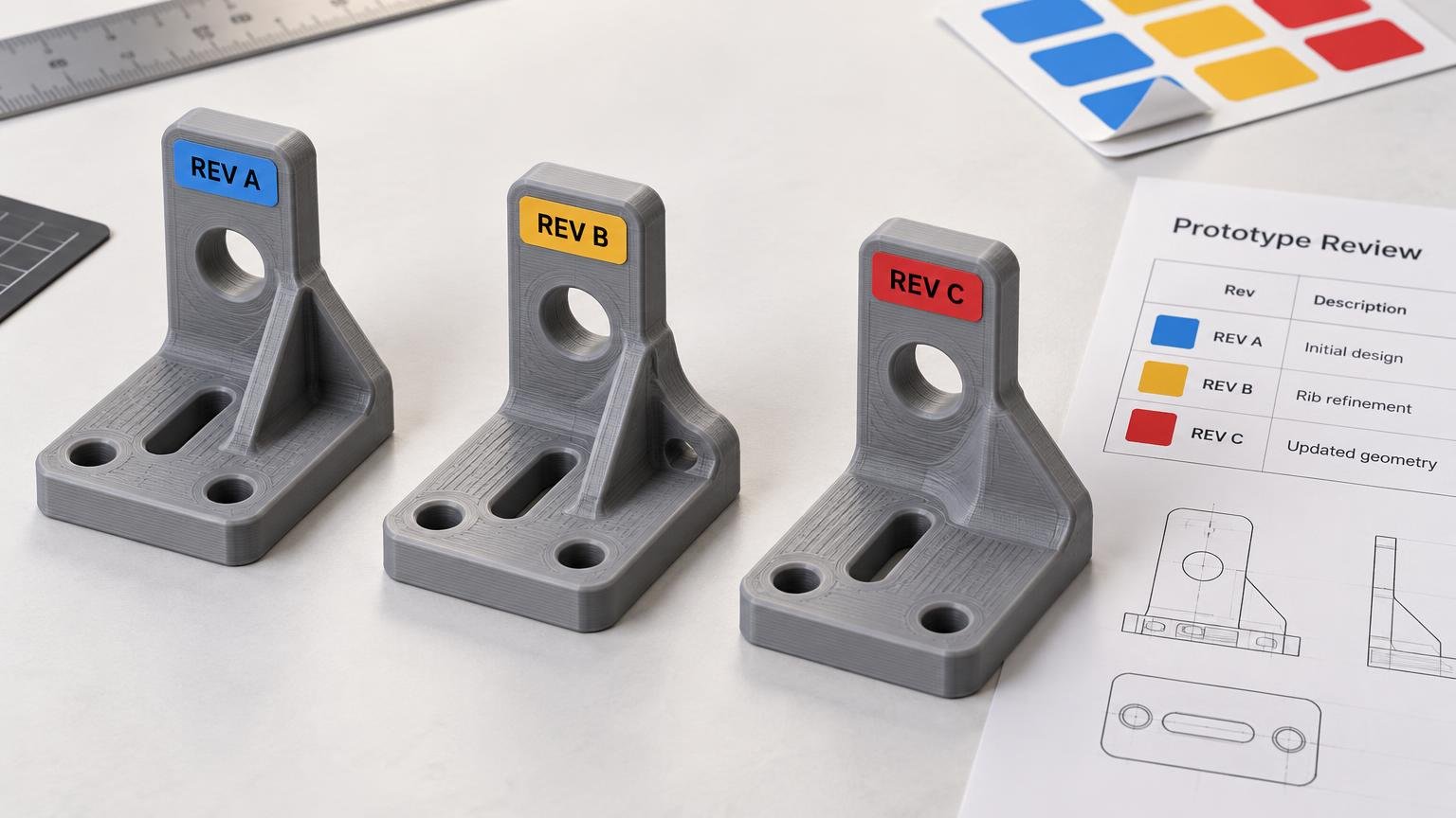 Three gray 3D-printed bracket prototypes arranged left to right on a work surface, each labeled with a colored sticker: blue “REV A,” yellow “REV B,” and red “REV C.” A prototype review sheet with a color-coded revision table and technical drawings sits beside them, with a ruler and a sheet of colored labels in the background.