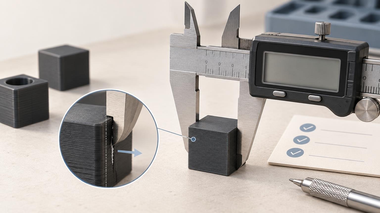 Technical illustration of a digital caliper measuring a black layered 3D-printed cube, with a magnified inset highlighting a rough vertical seam or local surface defect.