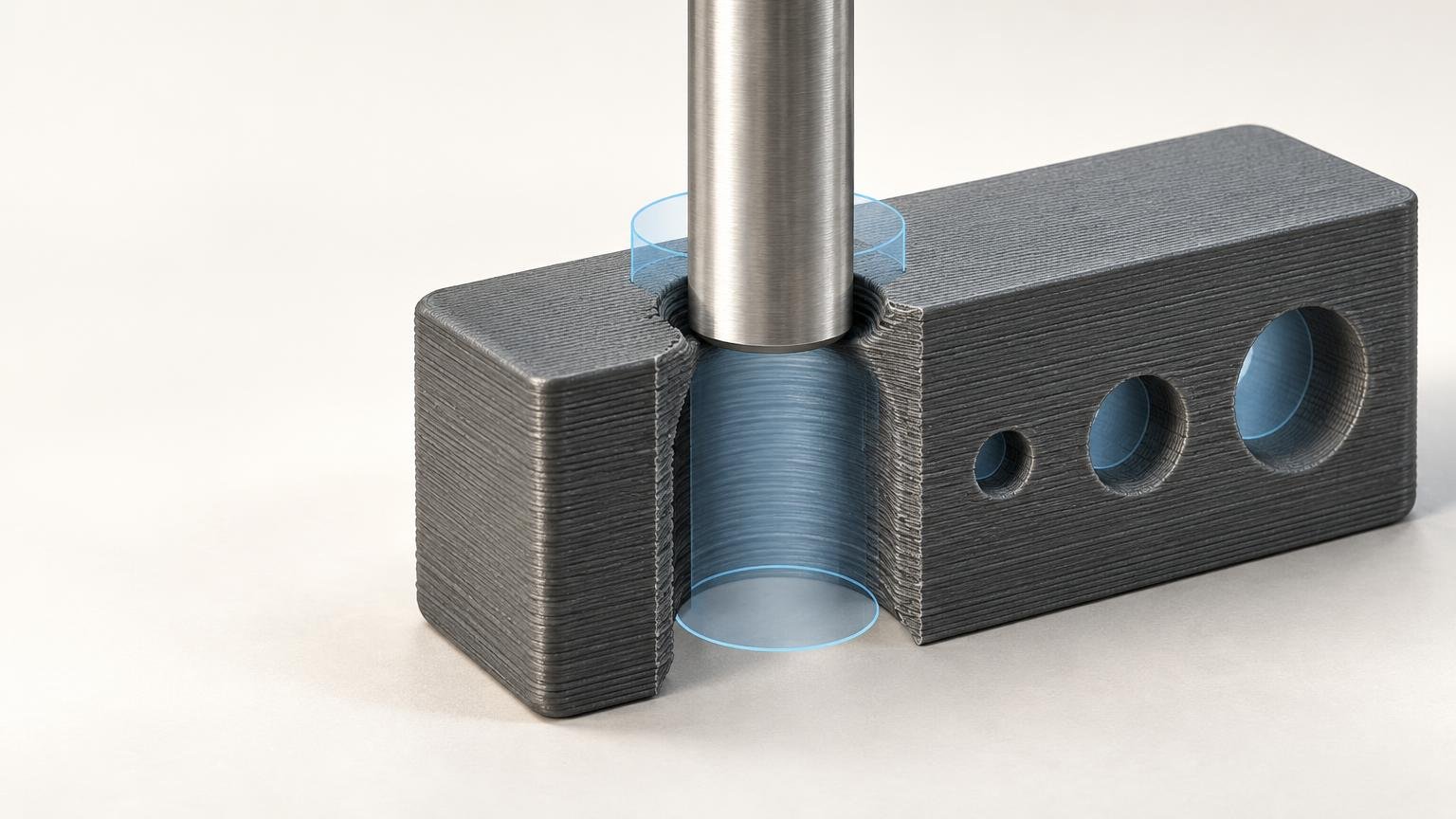 Technical illustration of a layered dark-gray 3D-printed block with several circular holes, including a large cutaway bore around a vertical metal rod and blue translucent diameter guides.